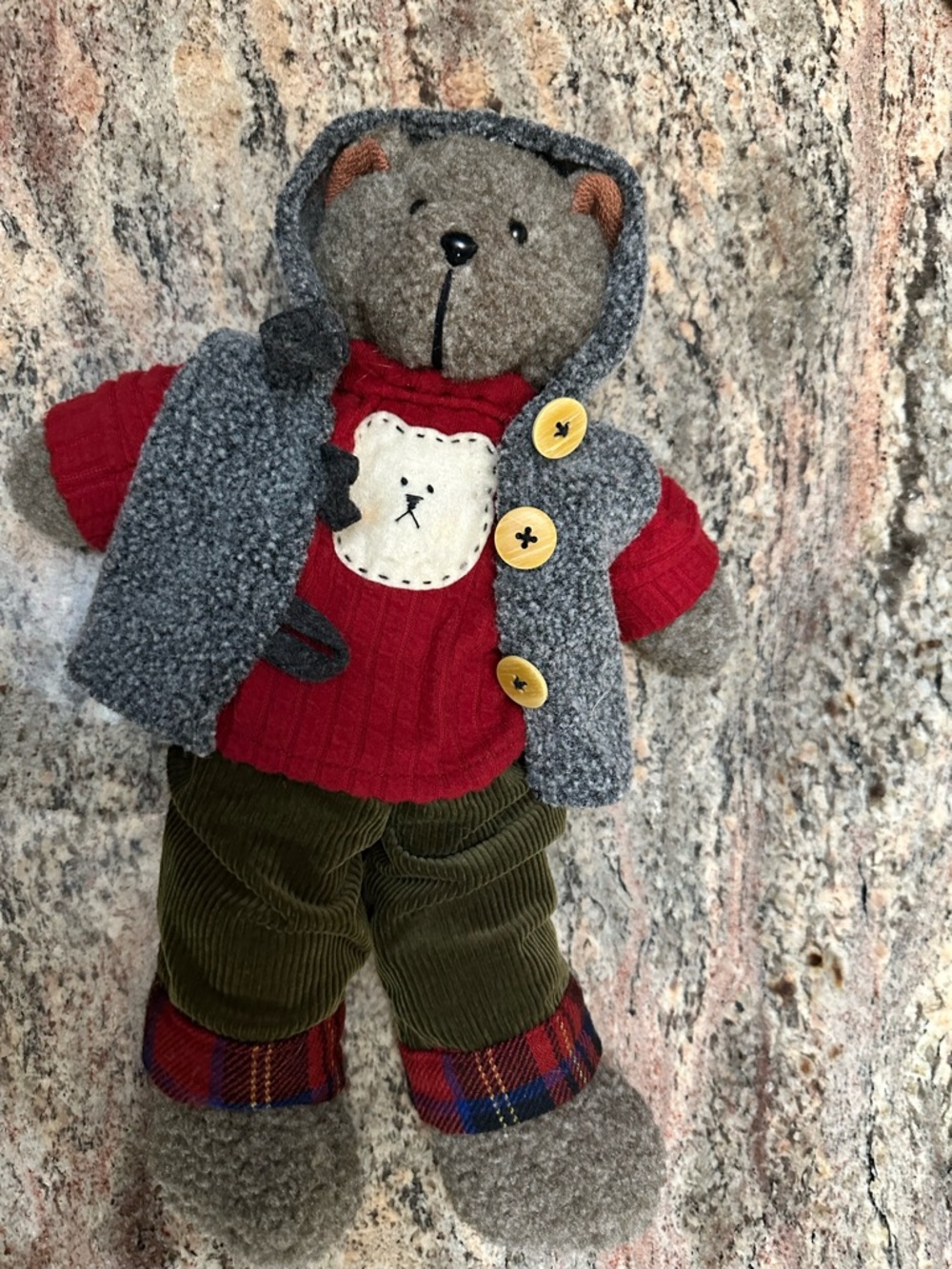 BELLAMI Grey Bear Plush with Red Sweater and Olive Corduroy Pants